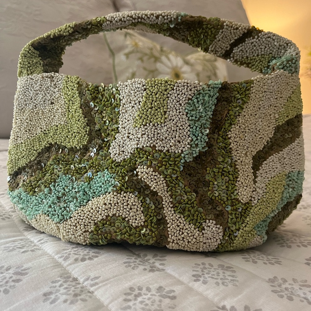 Green & Cream colored India beaded Bag